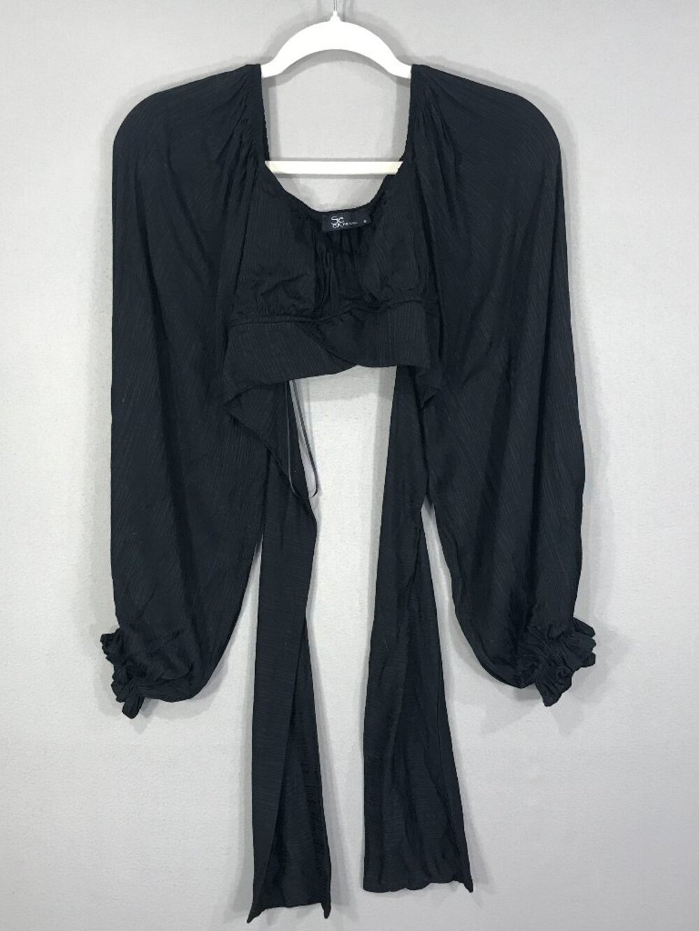 Seek The Label Top Women's Small Black Popover Cropped Scoop Tie Balloon Sleeve